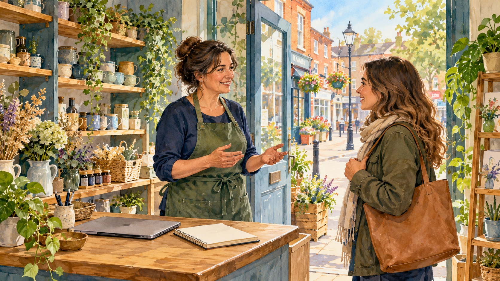 Representative watercolour illustration of a Romford small business owner welcoming a customer