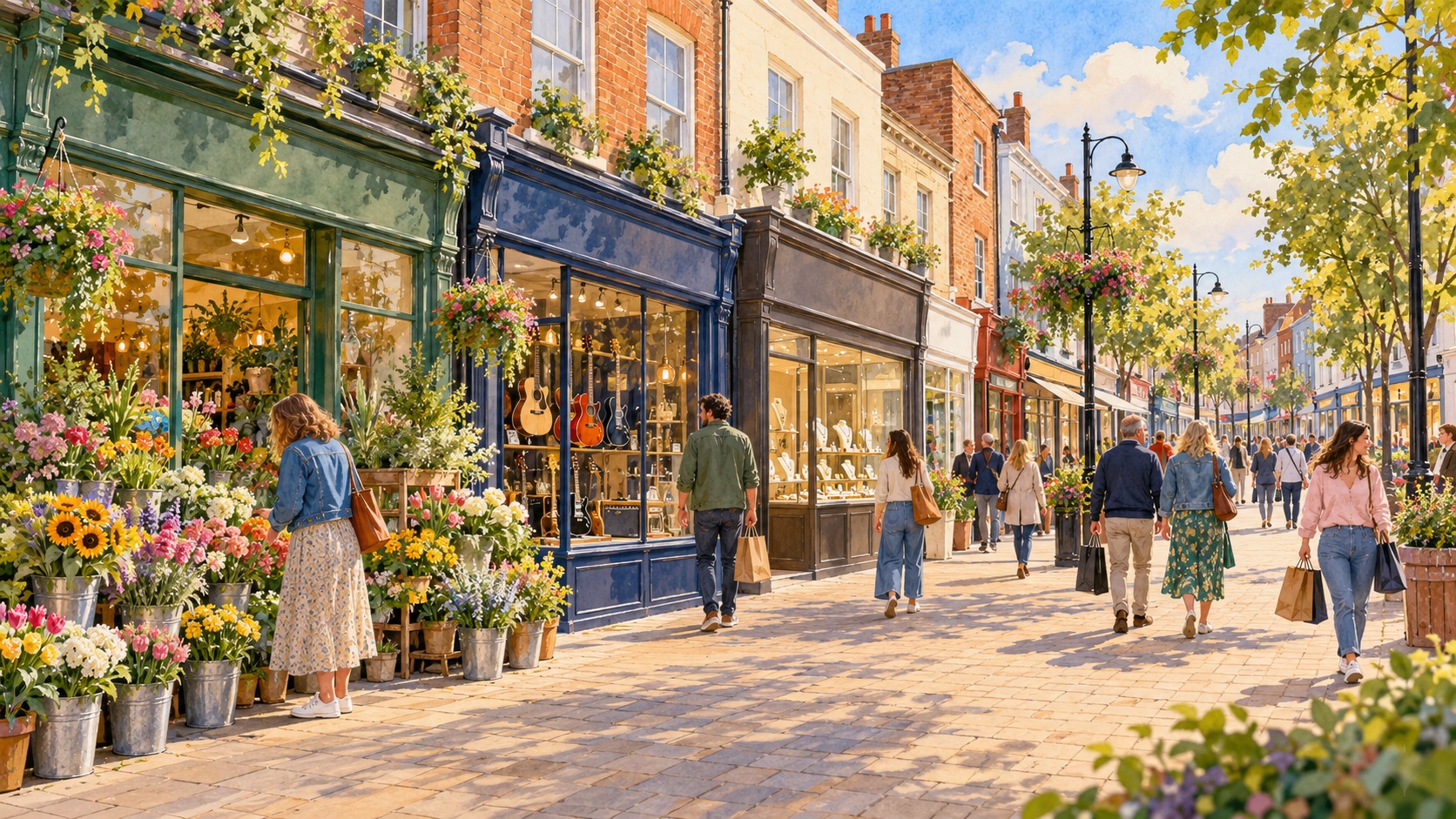 Representative watercolour illustration of independent shopfronts and shoppers in Romford