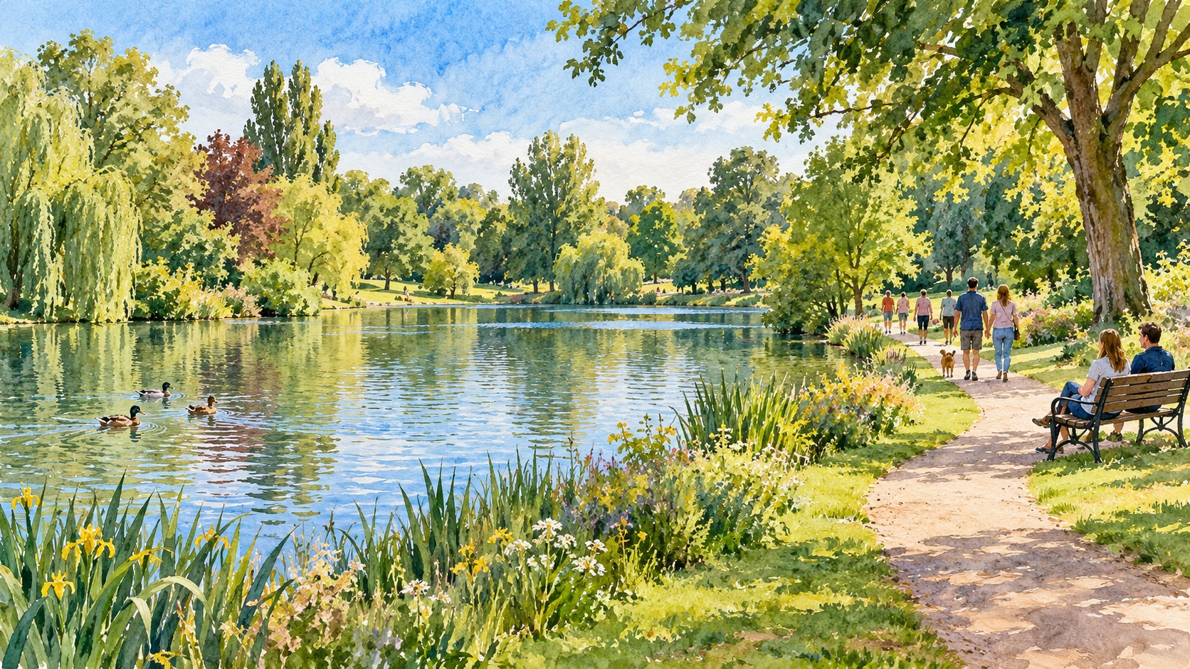 Representative watercolour illustration of a lakeside walk inspired by Romford's green spaces